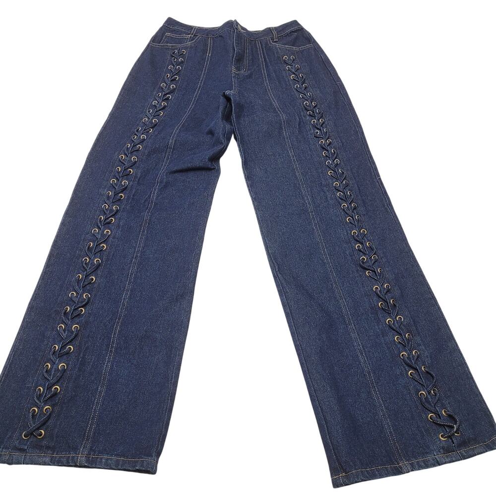 White Fox Serenity lace up front jeans dark wash rigid medium wide leg